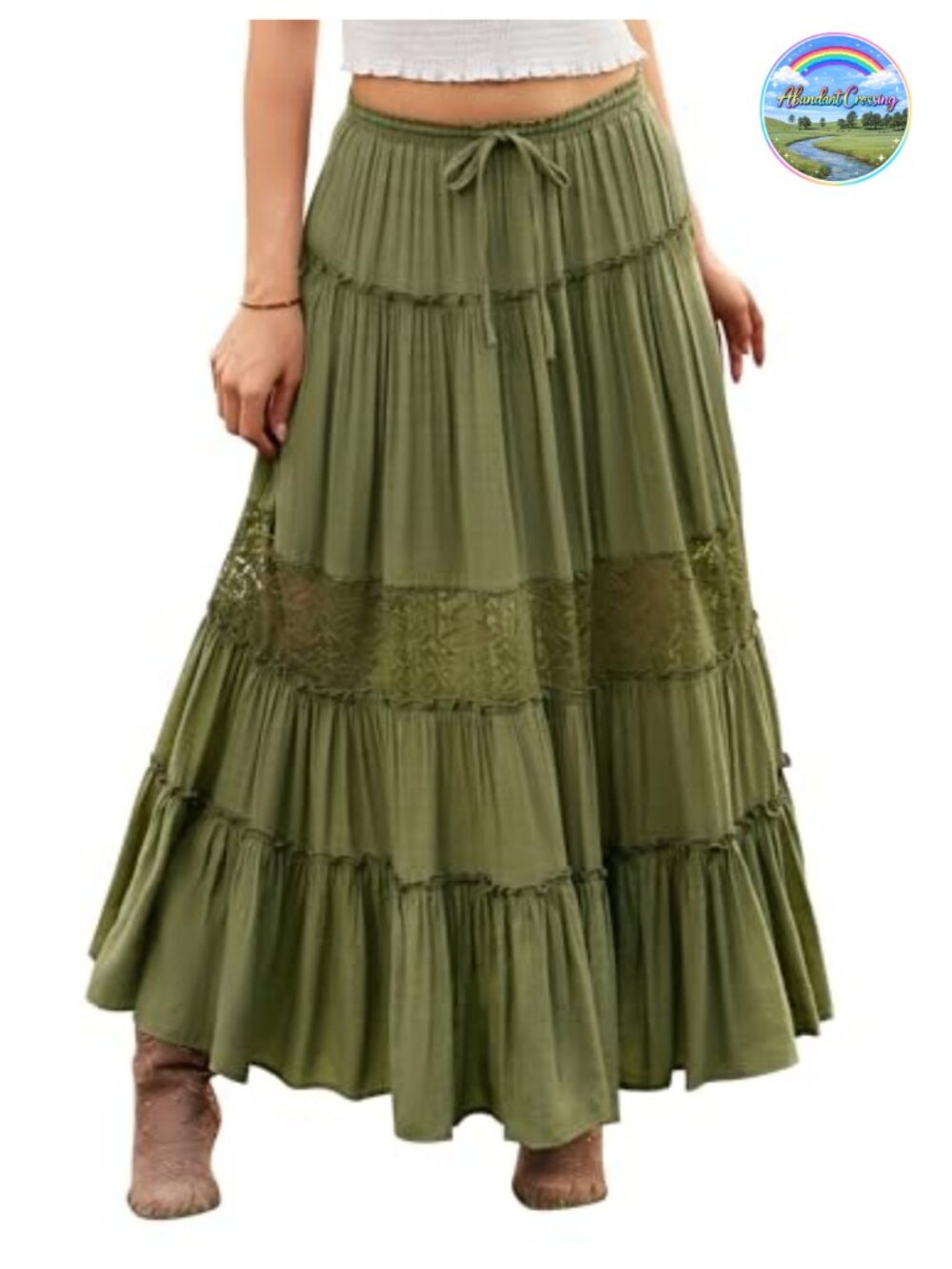Boho Lace Trim Tiered Maxi Skirt High-Waisted Flowy Renaissance